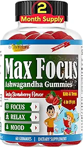 Derfor Max Fokus Ashwagandha Rolig & Fokus Gummies for Kids & Teens, Support Calm Mood, Afslapning, Anti Stress, Hukommelse, Energi, Afslapning, Lavt Sukker Vegansk, Fruit Flavored- 60 Gummies