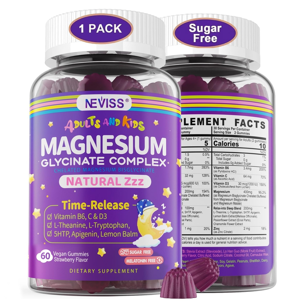 Magnesium Glycinat Gummies for voksne & børn 4 +, Sugar Free Magnesium Bisglycinate Supplement 400 / 200mg med B6D3, 5HTP, L- Theanin for dovine & relaxation, Brain, Muscle, Melatonin Free Gummies, 1Pack