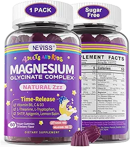 Magnesium Glycinat Gummies for voksne & børn 4 +, Sugar Free Magnesium Bisglycinate Supplement 400 / 200mg med B6D3, 5HTP, L- Theanin for dovine & relaxation, Brain, Muscle, Melatonin Free Gummies, 1Pack