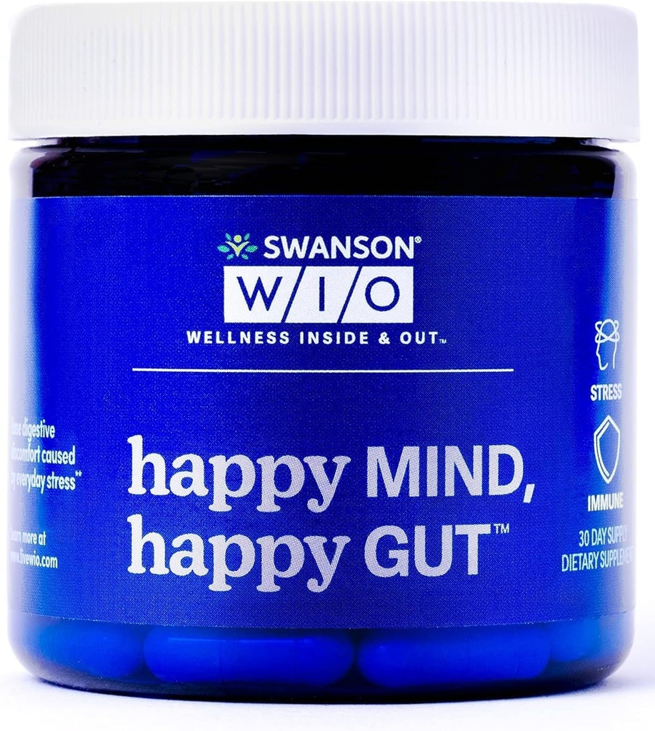 Swanson WIO Happy Mind, Happy Gut Stress Support, Digital Support, Probiotika Promote Gut Microflora, Bedre, Kognitiv Sundhed, Wellness, 30 Veggie Kapsler (30-dages Tilgang)