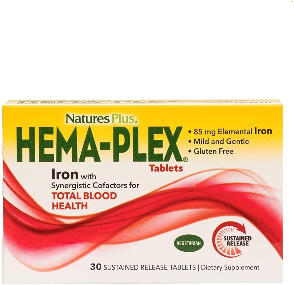 NaturesPlus Hema- Plex Iron - 30 Slow-Release Tablets, Pack of 3 - Total Blood Health - 85 mg Chelated Iron - Med C-vitamin & bioflavonoider - Ikke GMO, Vegetar & Gluten Gratis - 90 Total Servering
