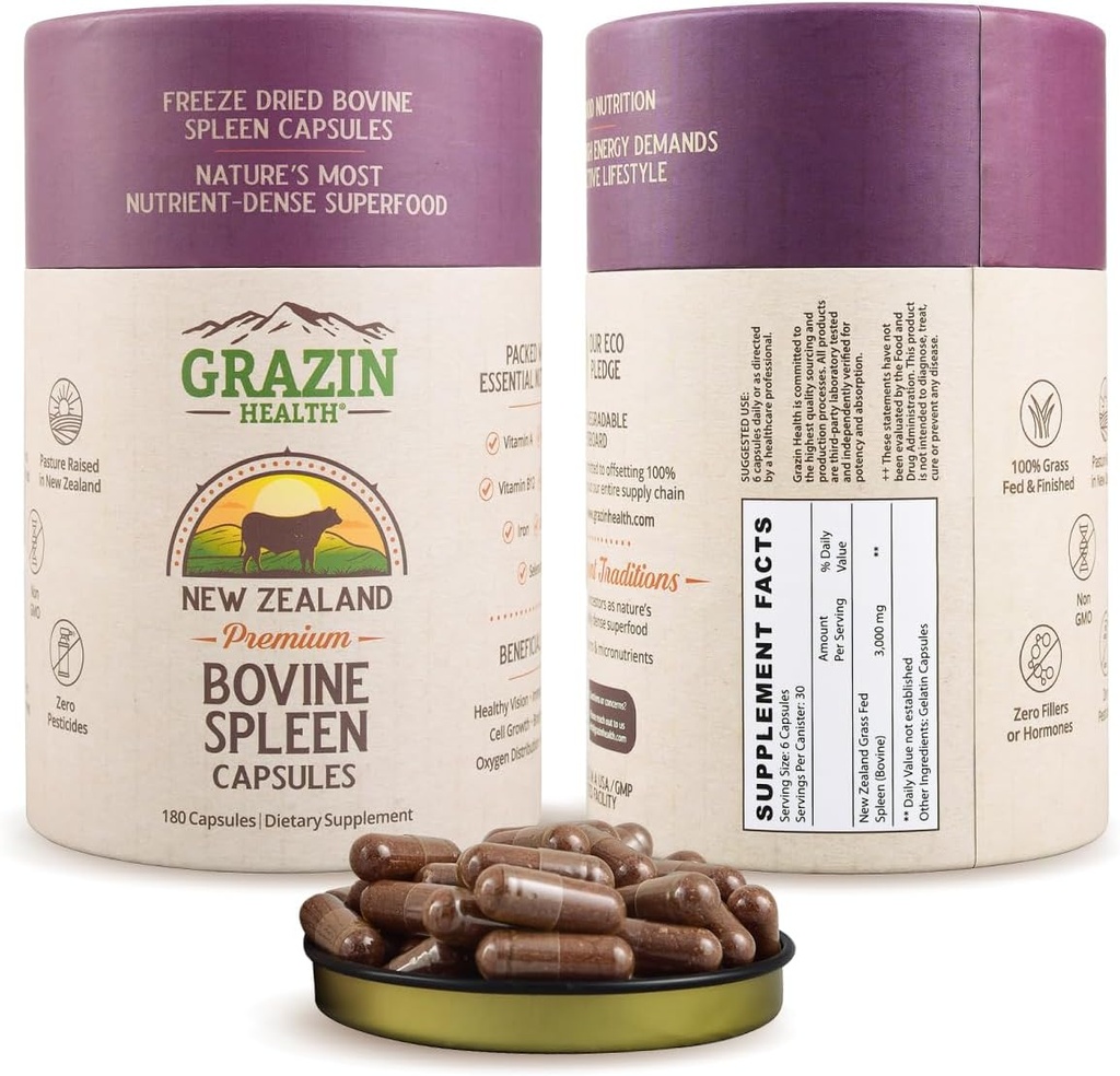 Græs Fed Bovine Spleen Kapsler 3000 mg Per Servering hele fødevarer orgel supplement med naturligt okkurering peptider og mikronæringsstoffer til daglig ernæring og wellness support 30 Serveringer