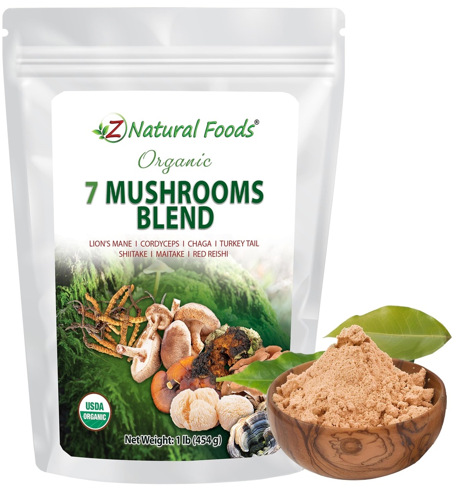 Z Natural Foods Organic 7 Sacred Mushrooms Blend - Mushroom Powder for immun sundhed - Lions Mane, Cordyceps, Chaga, Red Reishi, Shiitake, Maitake & Tyrkiet Tail Extract for Coffee, Smoothies, 1 LB
