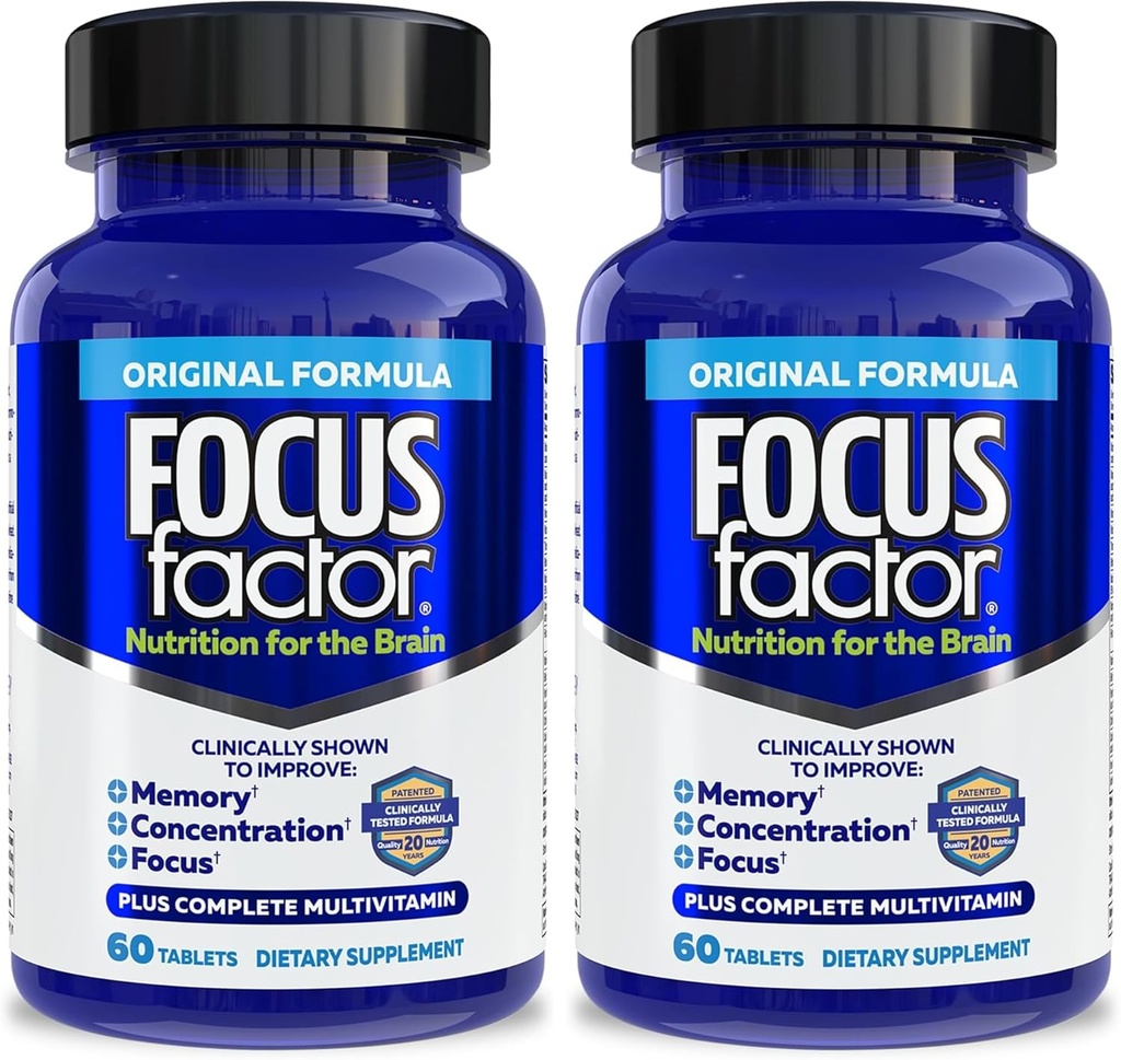 Focus Factor Nutrition for The Brain, Forbedret hukommelse & Koncentration Brain Supplement, Komplet Multivitamin med Vitaminer B6, B12, D, Bacopa Monnieri & Tyrosine, 60 Greve (pakke med 2)