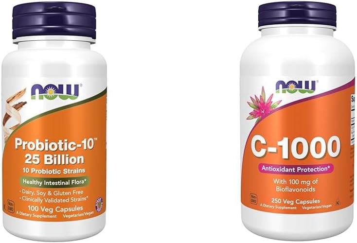 Now Supplements, Probiotic- 10 ™, 25 Millioner, med 10 Probiotiske Strops, Dairy, Soy og Gluten Free & Supplements, Vitamin C- 1000 med 100 mg Bioflavonoider, Antioxidant Protection *, 250 kapsler
