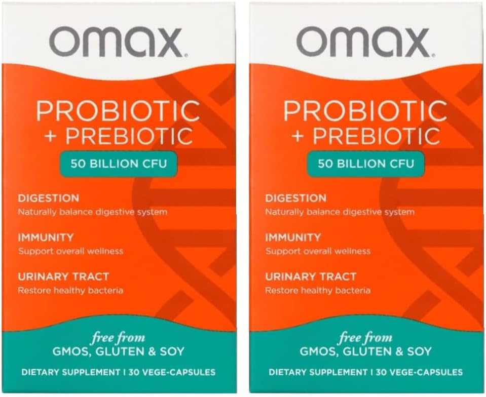 Omax3 Prebiotic & Probiotic 50 Billion CFU + Chicory Inulin, 10 Strain, Reduce Bloating, Digestion, SIBO, Leaky Gut, Vaginal pH, Acidophilus, Vegan, Dairy Free, Gluten Free, Blister Packaged (2 Pack)