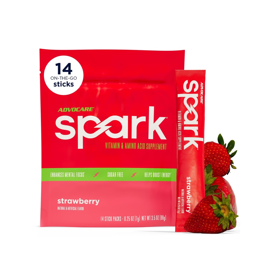 AdvoCare Spark Vitamin & Aminosyre supplement - Focus & Energy Drick Powder Mix med vitamin A, B- 6, C & E - Indeholder også L-Carnitin & L-Tyrosine - Jordbær, 14 Stick Packs