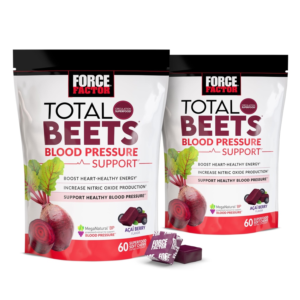 Kraftfaktor Total Beets Blood Pressure Support med Beets Powder, Great- Tasting Chewables for Heart- Sund energi, og Øget nitrogenoxid, 120 Chews, 2- Pack