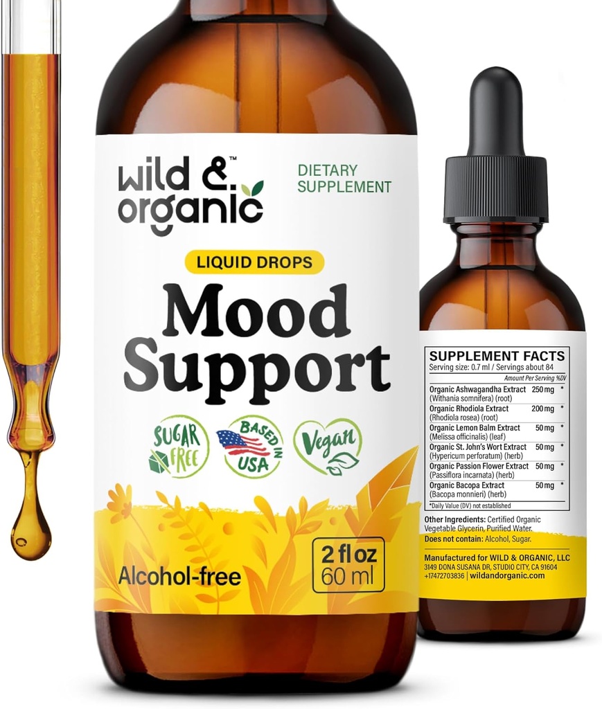 Wild & Organic Mood Support Drops - Good Mood Supplements w / Ashwagandha Rosea & Rhodiola Rosea - Natural Liquid Drops til positiv energi - Rolig og slap Kosttilskud til kvinder og mænd - 2 oz
