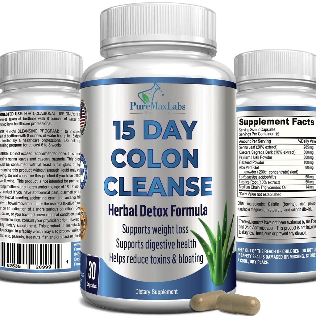 15 Day Colon Cleanse og Detox, Herbal Detox Formel, understøtter vægttab, Forstoppelse Relief - øger energi. Flush toksiner, Natural Safe Colon Cleanser til mænd og kvinder - 30 kapsler