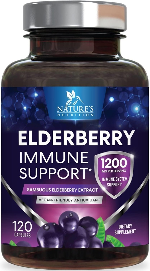 Elderberry immunforsvar 1200mg - Daglig immunstøtte til voksne med koncentreret Sambucus Black Elderberry Extract - Antioxidant Vitamin supplement, Gluten Free, Flasket i USA - 120 kapsler