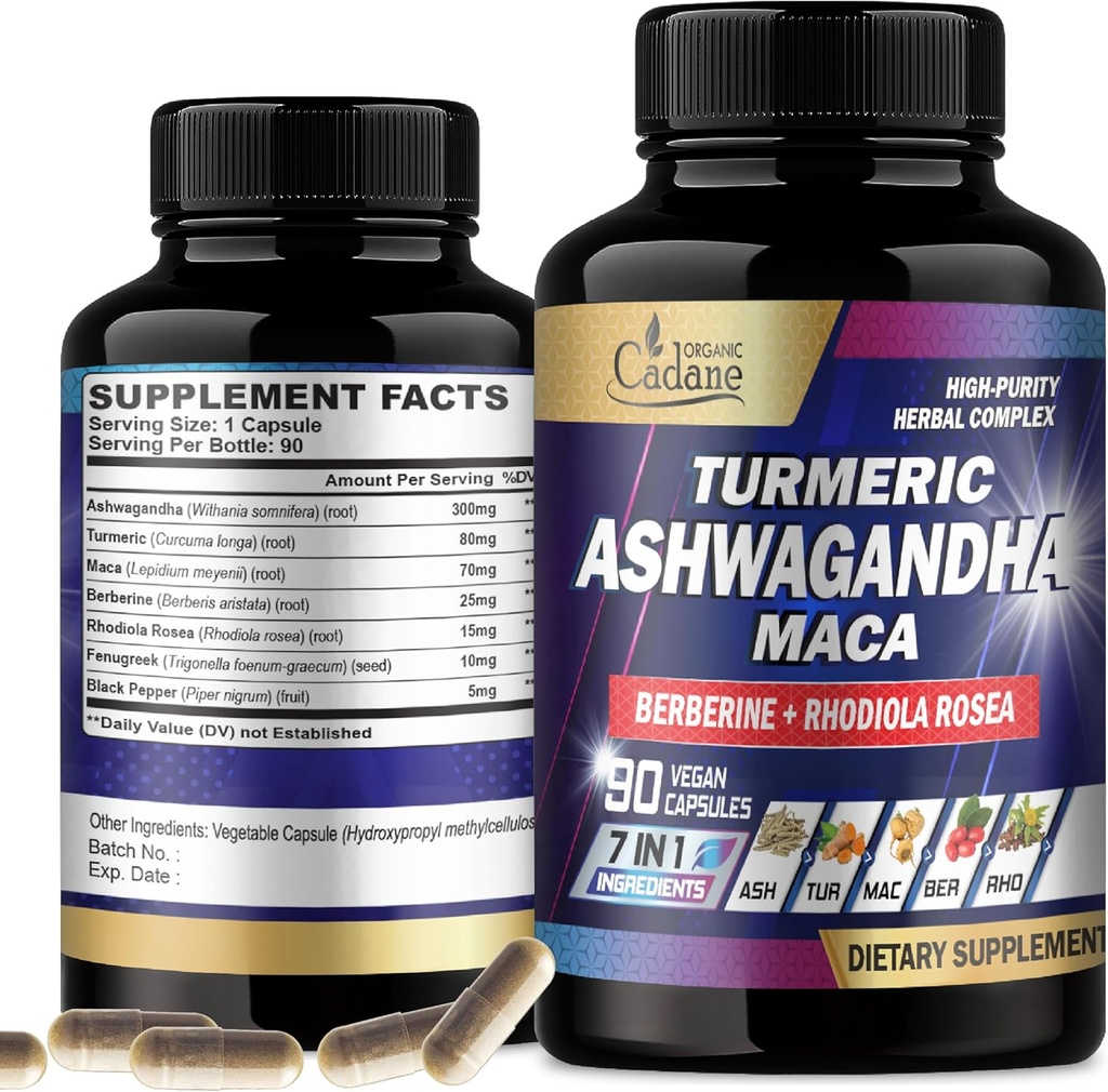 Organic Cadane Ashwagandha Kosttilskud - Memory, immunsystem & Strength Support - 7in1 Koncentreret med gurkemeje, Maca Root, Berberine & Mere - 90 Veganske Kapsler til 3th Month Supply