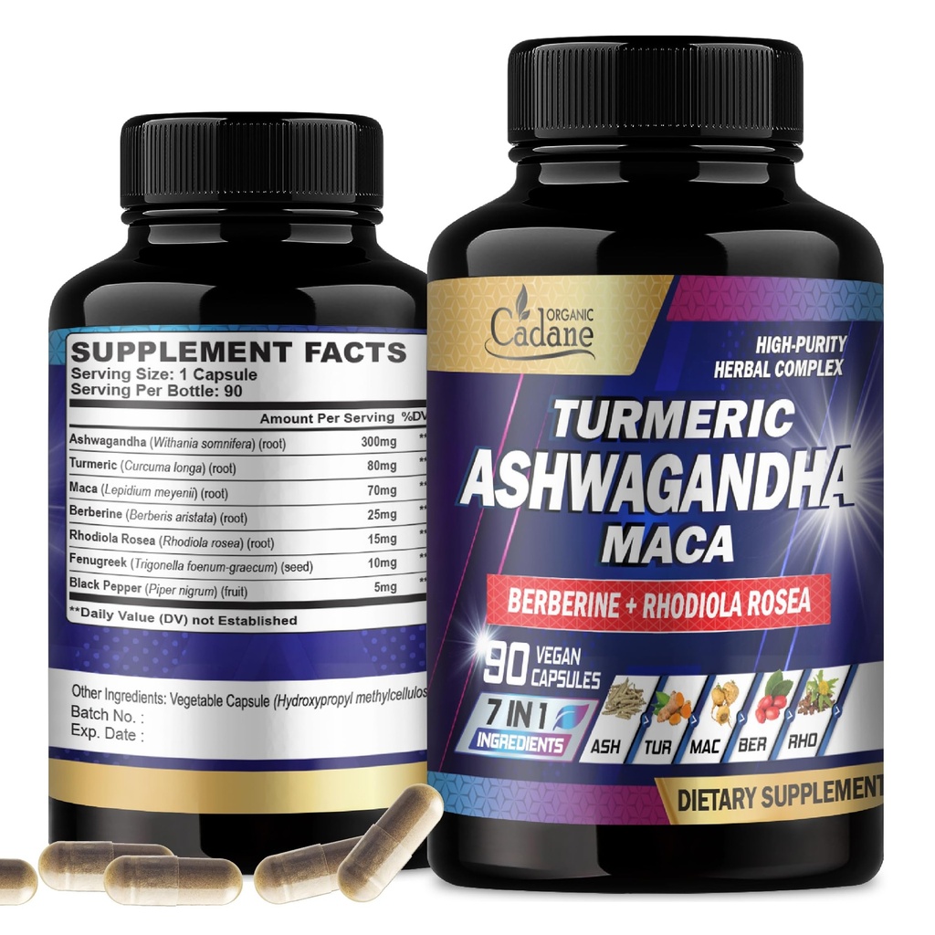 Organic Cadane Ashwagandha Kosttilskud - Memory, immunsystem & Strength Support - 7in1 Koncentreret med gurkemeje, Maca Root, Berberine & Mere - 90 Veganske Kapsler til 3th Month Supply