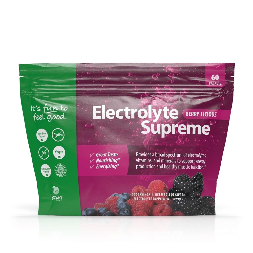 Jigsaw Health Electrolyte Supreme against 124; Broad Spectrum of Electrolytes + Trace Minerals against 124; Berry- Licious Flavor against 124; 60 Serveringer (Pakker)