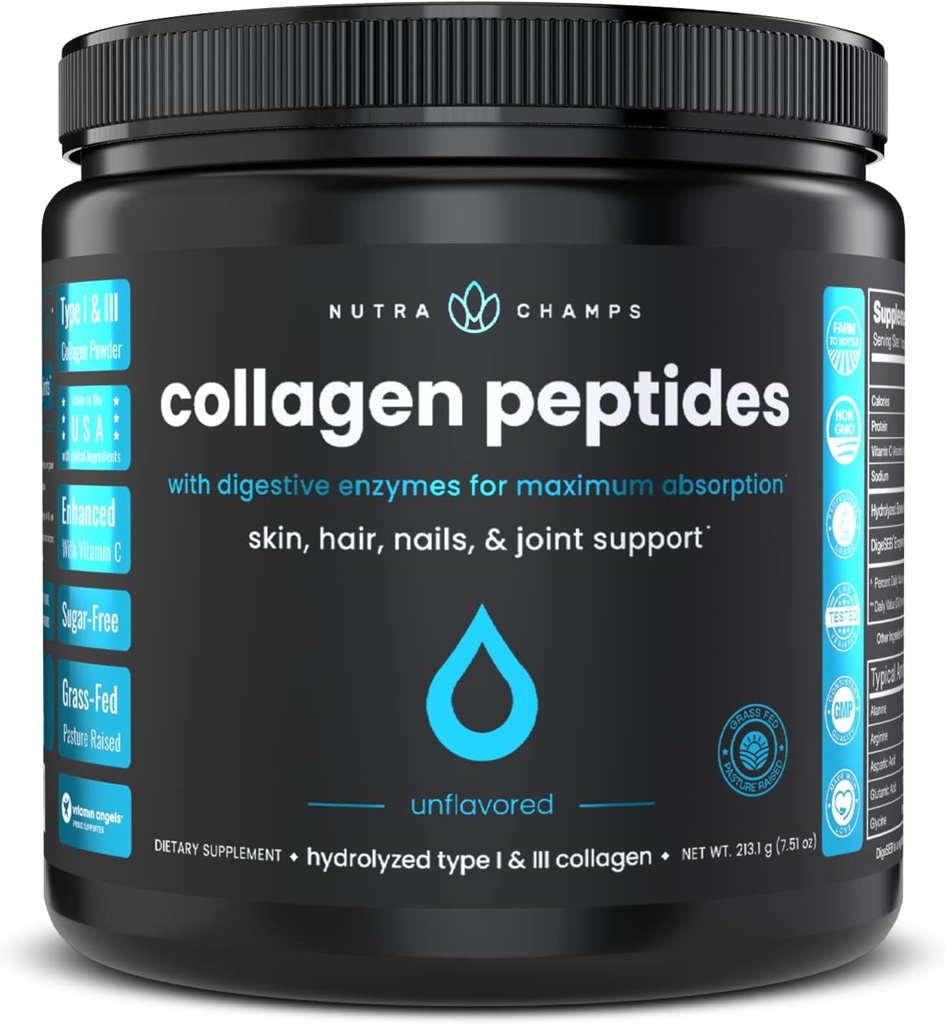 Kollagen peptider pulver - forbedret absorption, dobbelt hydrolyseret, grass Fed, Keto protein pulver med C-vitamin - Premium supplement til hårvækst, hud, negle, joints & knogler, uden smag