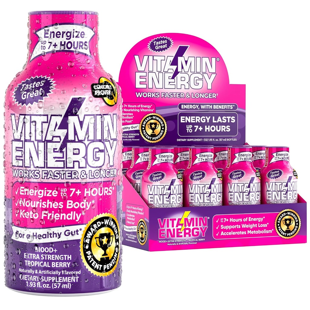 Vitamin Energy Mood + Energy Shot - Tropical Berry - 100% DV B- Vitaminer & 260mg Plantbaseret koffein - Zero Calories, Sugar- Free, Vegan, Non- GMO - Mood & Energy Support - 1,93 fl oz, 12- Pack