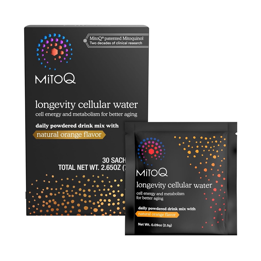 MitoQ Longevity Cellular Water Daily Poweded Drink Mix Natural Orange Flavor - Mitokondrie- målrettet antioxidant - Cell Energy and Metabolisme for Better Aging (Orange, 30 Pakets)
