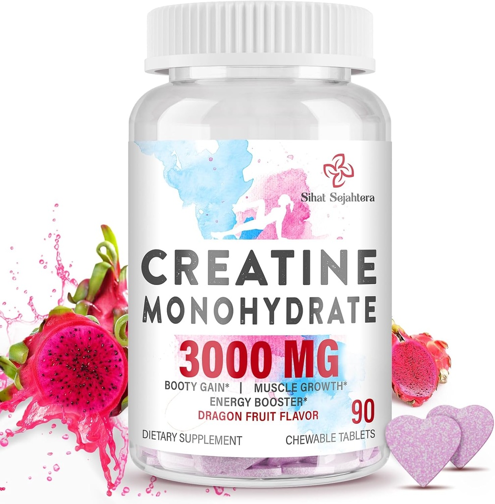3000 MG Creatine monohydrat til kvinder og mænd, Creatine piller med BCAA & hydrolyseret kollagen Creatine Chews Tablets for Performance & Recovery, Strength, Dragon Fruit Flavor, 90 Tablets