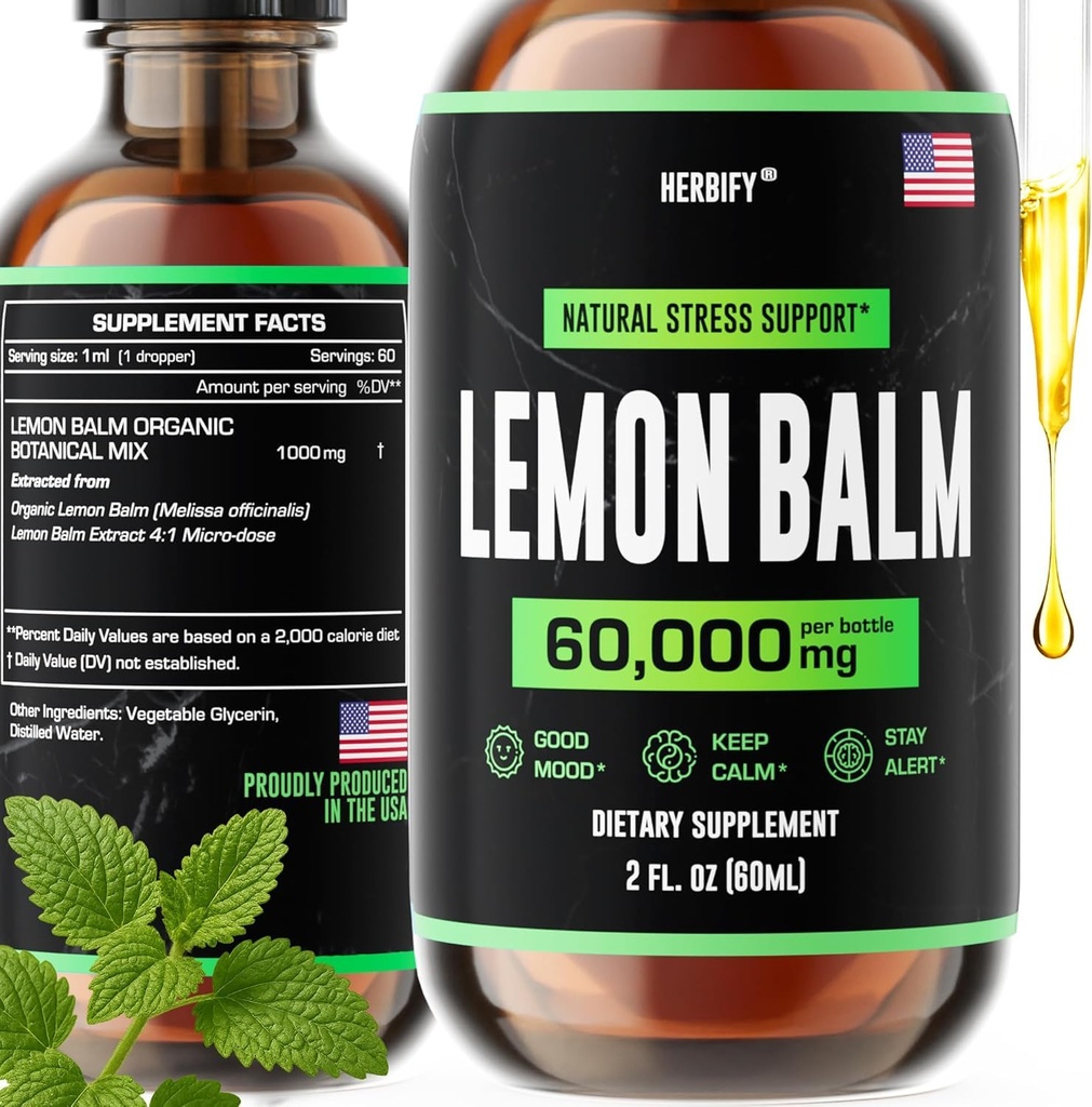HERBIFY Lemon Balm tinktur - Melissa Officinalis Leaf Liquid Extract - Brain Support and Mood Boost - Lemon Balm Drops til immunforsvar & kognitiv support - 2 Fl oz