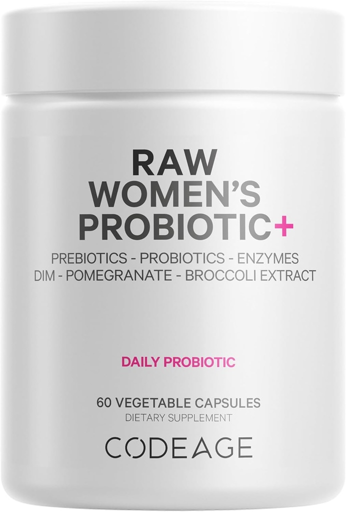 Codeage Raw Women 's Probiotic + Supplement - 34 Probiotiske Strops, 100 Millioner CFU' er, fordøjelsesenzymer, Prebiotic Blend, DIM, planteekstrakter, Phytonutrients - Non-GMO - 30 Kapsler