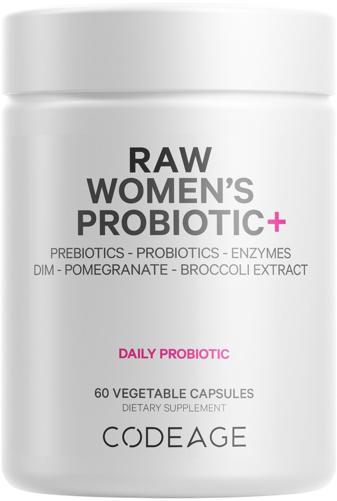 Codeage Raw Women 's Probiotic + Supplement - 34 Probiotiske Strops, 100 Millioner CFU' er, fordøjelsesenzymer, Prebiotic Blend, DIM, planteekstrakter, Phytonutrients - Non-GMO - 30 Kapsler