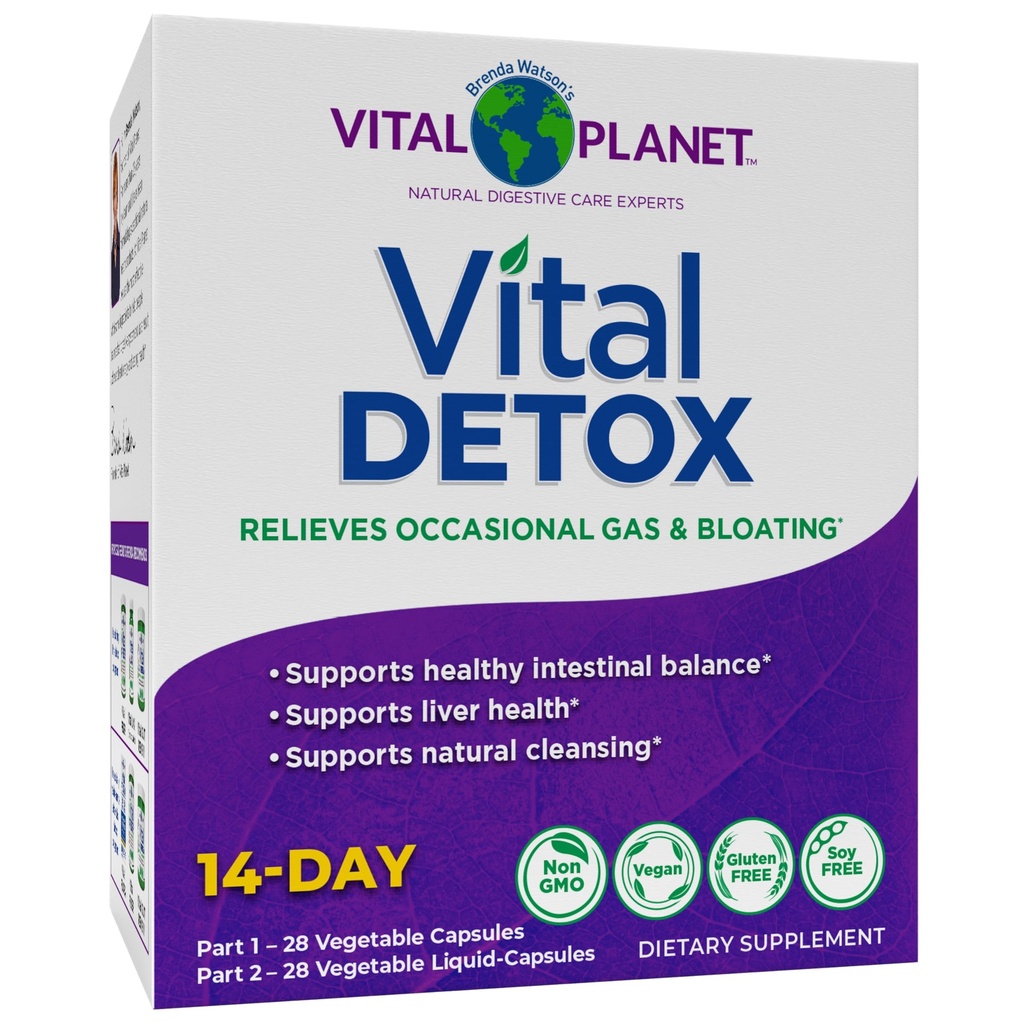 Vital Planet - Vital Detox med Milk Thistle, Quercetin, Alpha Lipoic Acid, Cholin, og urter, for lejlighedsvis gas og Bloating, Understøtter sund Intestinal Balance, 2-del 14 dag Kit, 56 kapsler