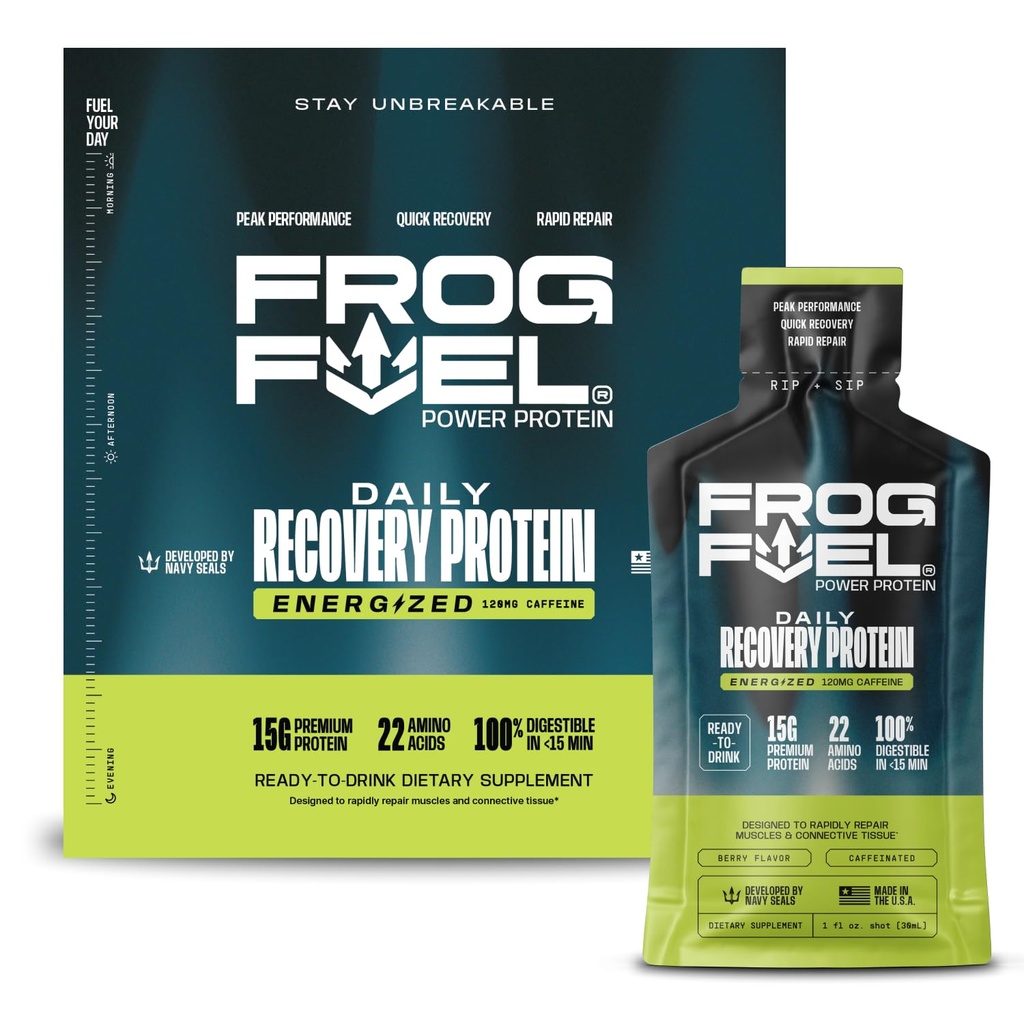 Frog Fuel Power Energized Protein Shot, 15g Protein Nano- Hydrolyzed Grass Fed Collagen, 120mg Koffein, Fat & Sugar Free, 22 Aminosyrer, 0 Carbs, Berry, 1 oz Packets, 24 Pack