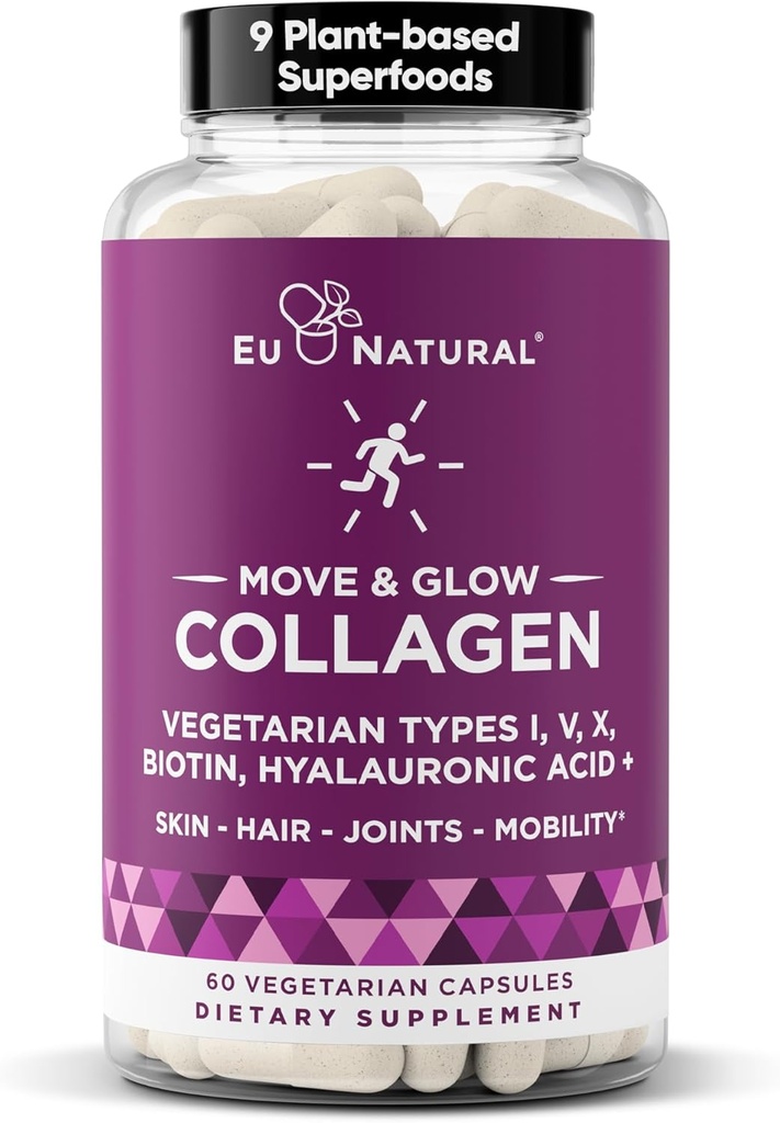 Flyt & Glow collagen piller til kvinder & mænd - Vegetarisk multi-collagen (type I-V-X) med 9 Plantebaserede superfødevarer til hud sundhed & fælles støtte - Biotin, C-vitamin, E-vitamin, 60 Vegetariske kapsler