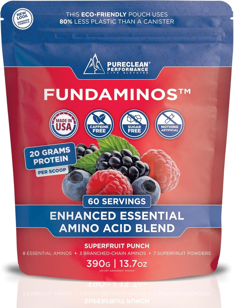 FundAminos EAA + BCAA Amino Acid Powder # 124; Organic, Vegan, Plant- baserede # 124; Komplet essentielle Aminos for hverdagsernæring # 124; Optimeret Protein Supplization # 124; Forfriskende Superfrugt Blend - 60 Servering