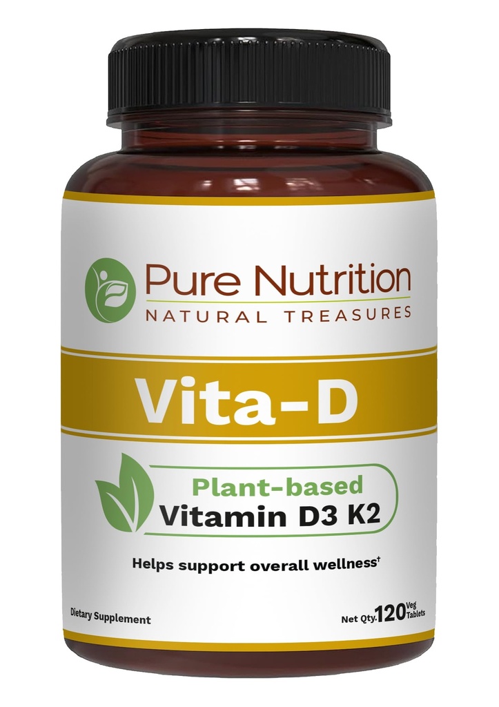 Pure Nutrition Vita D3 K2 - Plant Based Vitamin D3 K2 Supplement- 124; 120 Tabs - 124; D3 6000 IE - 124; vitamin K2 som MK7 100mcg - 124; vitamin K2 D3 - 124; Non GMO - 124;