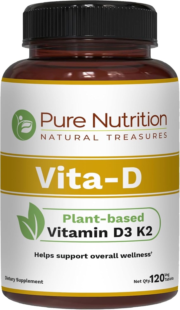 Pure Nutrition Vita D3 K2 - Plant Based Vitamin D3 K2 Supplement- 124; 120 Tabs - 124; D3 6000 IE - 124; vitamin K2 som MK7 100mcg - 124; vitamin K2 D3 - 124; Non GMO - 124;