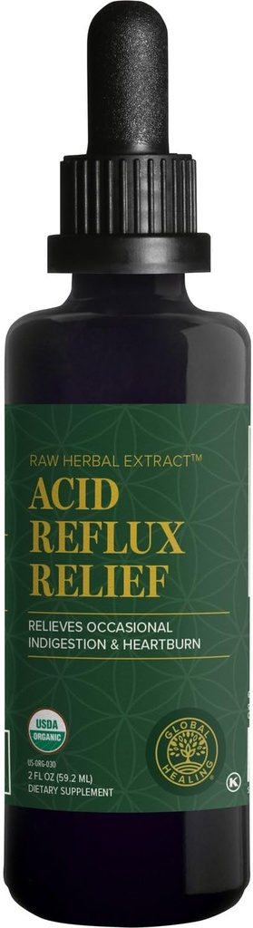 Global Healing Acid Reflux Relief Organic Liquid Supplement W / Slippery Elm - Hjælper med upset Mave, Heartburn, fordøjelsesbesvær - Understøtter kroppens forsvar mod fordøjelsesproblemer - 2 Fl oz