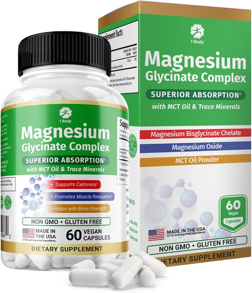 1 Body Magnesium Glycinate Complex, High Absorption Magnesium supplement til rolig, muskelafslapning & Knoglemedicin support, Vegan med MCT Oil & Trace Minerals, Non- GMO, 60 kapsler