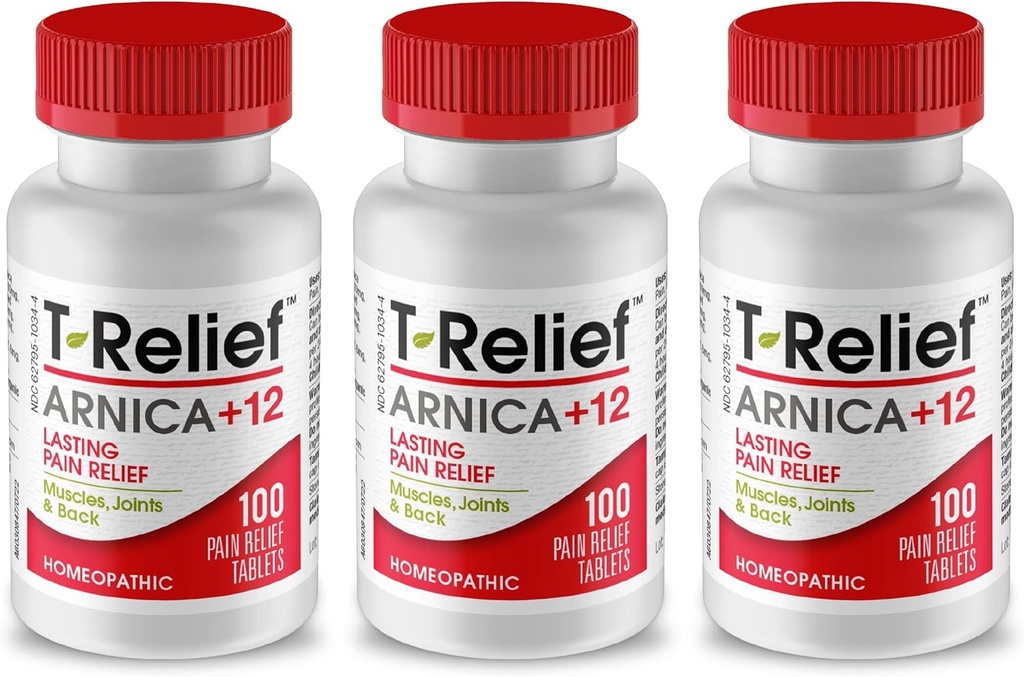 T-Relief Arnica + 12 Natural Reliving Actives for Ryg Smerte Fælles ømhed Muskelakker & Stiffness, Hele kroppen hurtigt fungerende Relief for kvinder & mænd - 100 tabletter (3 Pack)