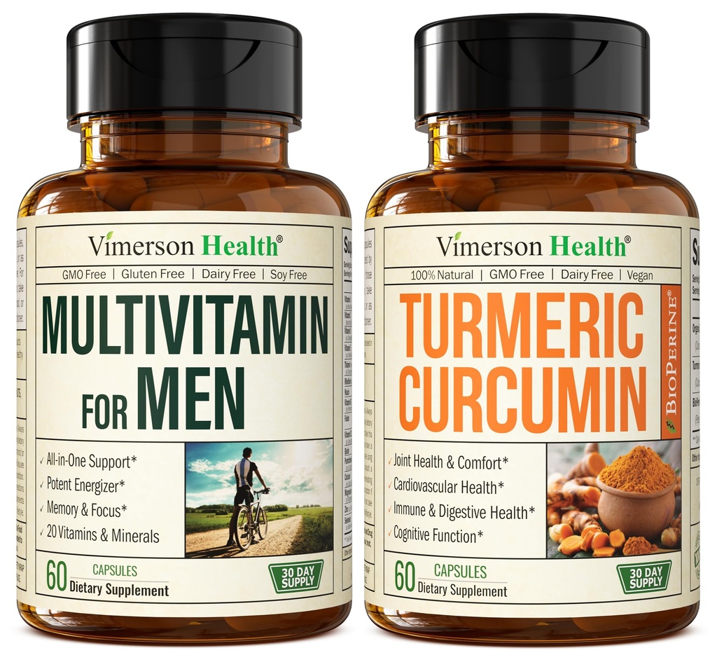 Vimerson Health Herres Multivitamin + gurkemeje med sort peber ekstrakt bundle. Fælles og immunforsvar, discomfort Relief, antioxidant egenskaber for ham