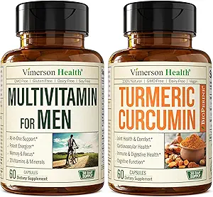 Vimerson Health Men's Multivitamin + Turmeric Curcumin with Black Pepper Extract Bundle. Joint and Immune Support, Discomfort Relief, Antioxidant Properties for Him