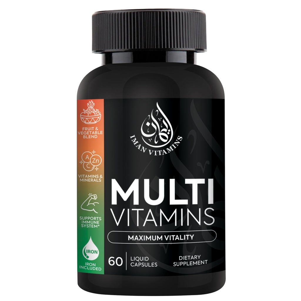 Halal Komplette multivitamin kapsler til voksne mænd og kvinder Note 124; 42 Frugt og grøntsager Blend med jern, zink, CoQ10, folinsyre, og vitamin A, B1, B3, B6, B12, C, D3, E