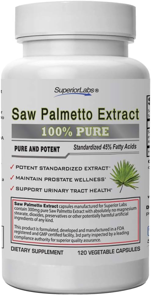 Superior Labs - Saw Palmetto Extract NonGMO, ikke syntetisk - 300 mg Dosering, 120 Vegetabilske kapsler - Understøtter vandladning og frekvens