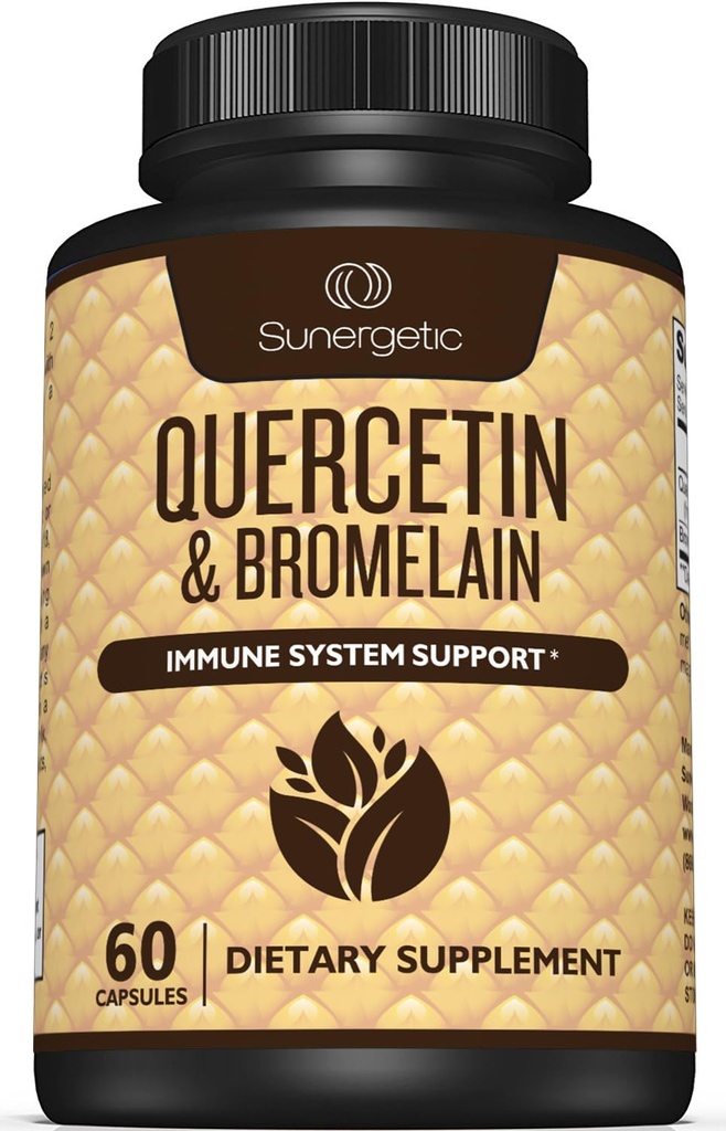 Sunergetic Premium Quercetin & bromelain Supplement - Kraftfuld Quercetin bromelain Complex til at hjælpe med at understøtte immunsystemet & sæsonsupport - Quercetin 1000mg Per Servering - 60 kapsler