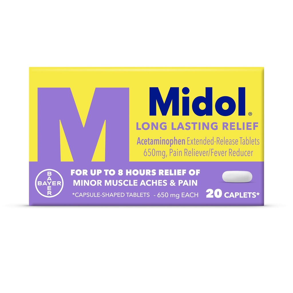 Midol Long Long Lasting Relief 20ct: Midol Long Lasting Relief, Menstrual Symptom Reliever & Fever Reducer, Caplets with Acetaminophen for Menstrual Pain Relief - 20 Greve (Packaging May Vary)