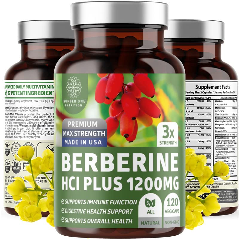 Nummer et ernæring N1N Premium Berberine Plus 120 Caps, 1200mg, Naturligt supplement understøtter Anti- Aging, Cellular Sundhed, Energi og fordøjelse