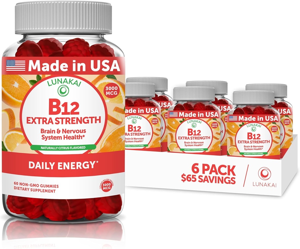 Vitamin B12 Gummies for voksne - Smagest Proprietary Formel - 3000mcg Methyl B- 12 High Absorption Energy Gummies - Non-GMO Vegan Vit B12 - Chewable B 12 for Energy Support and Bone Health - 6 Pack