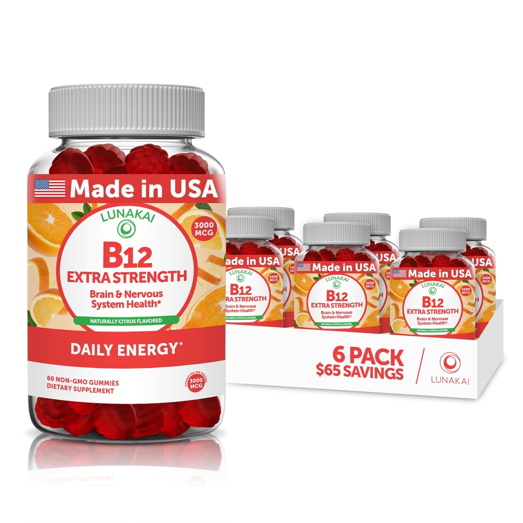 Vitamin B12 Gummies for voksne - Smagest Proprietary Formel - 3000mcg Methyl B- 12 High Absorption Energy Gummies - Non-GMO Vegan Vit B12 - Chewable B 12 for Energy Support and Bone Health - 6 Pack
