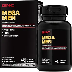 GNC Mega Men Multivitamin Caplets, Clinically Proven to Feel Better, Immune Support, Energy Support, Antioxidants, B Vitamins, Vitamin D-3, Timed Release, 90 Count, 45 Day Supply