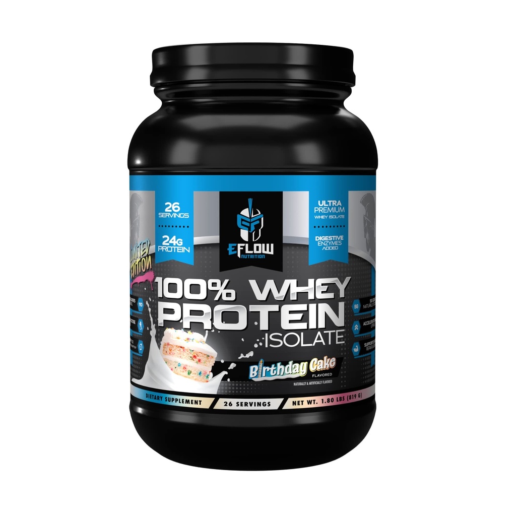 eFlow Nutrition 100% Whey Protein Isolate - Lactose- Gratis fordøjelsesenzymer Tilføjet, Lav Carb, Post Workout Shake, Hurtig digesting for Optimal Muscle Recovery - Fødselsdagskage (26 Servere)