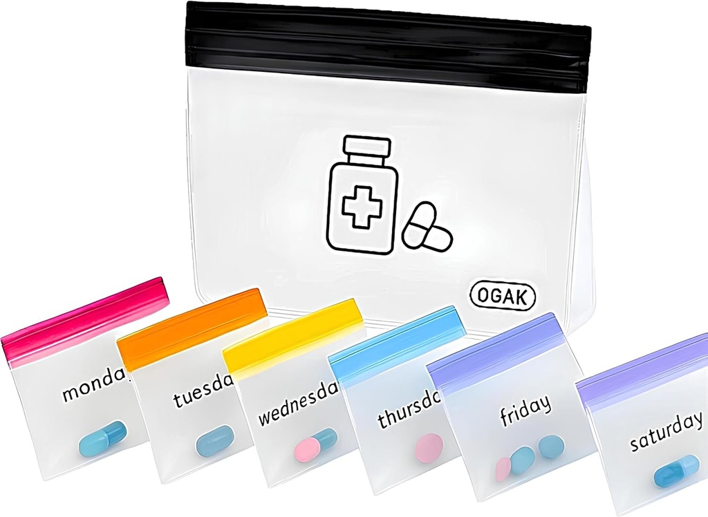 Pill Pouches poser til rejse Genbruges, 7 dag farvet Mini Plastic poser, Rejsepille Organizer, Lille Pill poser & Stor rejse Pill Container, Medicin Storage Bag, Clear Lock bags