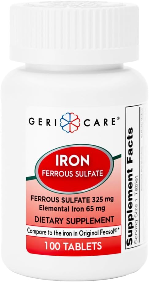 GeriCare Ferrosulfat- tabletter 325mg, Elemental Iron 65 mg højpotens Iron Supplement- 124; Kosttilskud 100 Greve. (Pakning med 1)