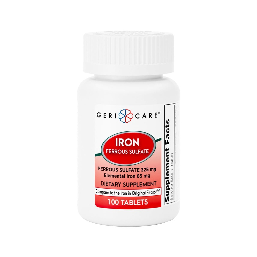 GeriCare Ferrosulfat- tabletter 325mg, Elemental Iron 65 mg højpotens Iron Supplement- 124; Kosttilskud 100 Greve. (Pakning med 1)