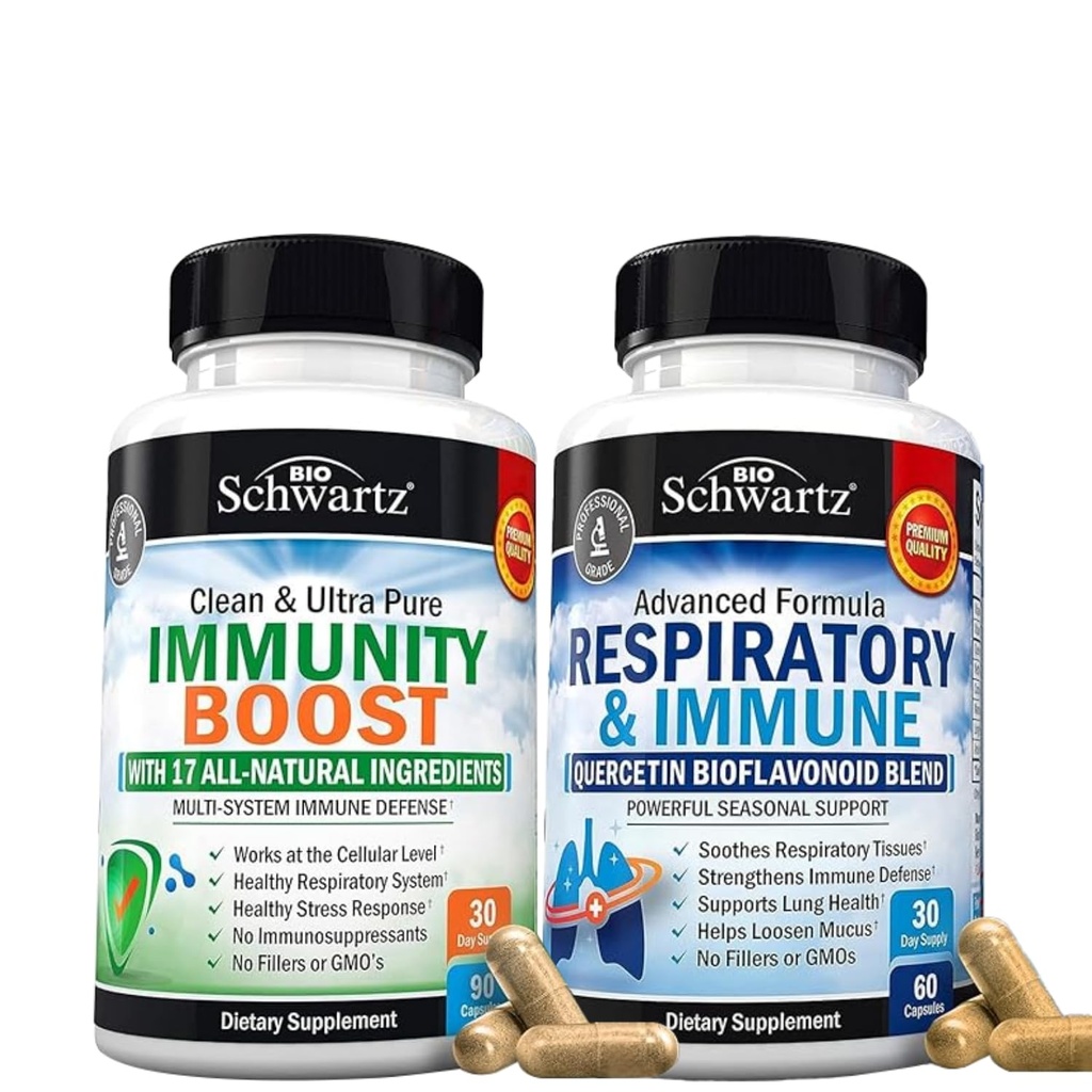 BioSchwartz Respiratory & immun Lung Support Supplement med Quercetin (1 måned Tilgang) Plus 17 i 1 immunsupport Supplement med antioxidanter (1 måned Tilgang)