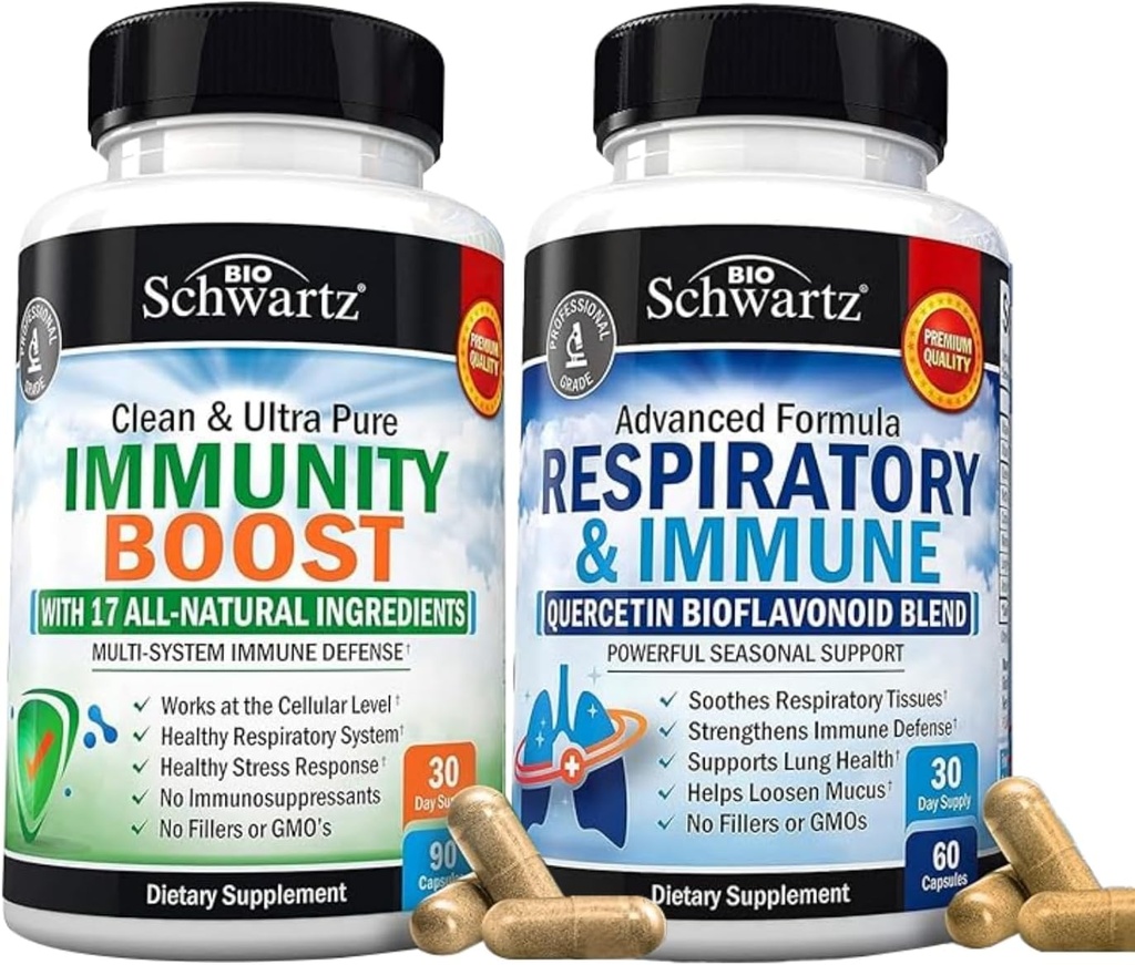 BioSchwartz Respiratory & immun Lung Support Supplement med Quercetin (1 måned Tilgang) Plus 17 i 1 immunsupport Supplement med antioxidanter (1 måned Tilgang)